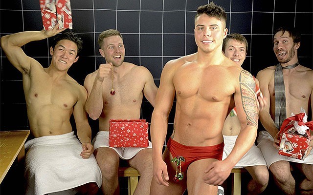 This is a photo of the ‘Steam Room Stories’ boys doing Secret Santa.