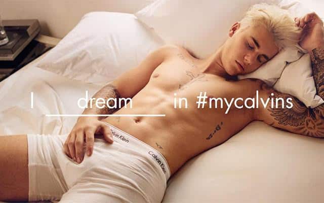 This is a photo of Justin Bieber from the 2016 Calvin Klein campaign.