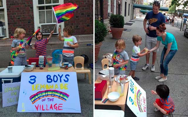 Adorable young boys sell lemonade to raise money for the Orlando Victims at New York Pride.