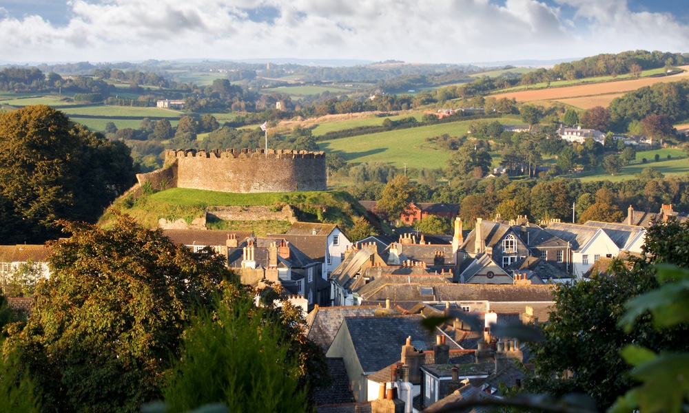 Panorama of Totnes with castle, Devon, England