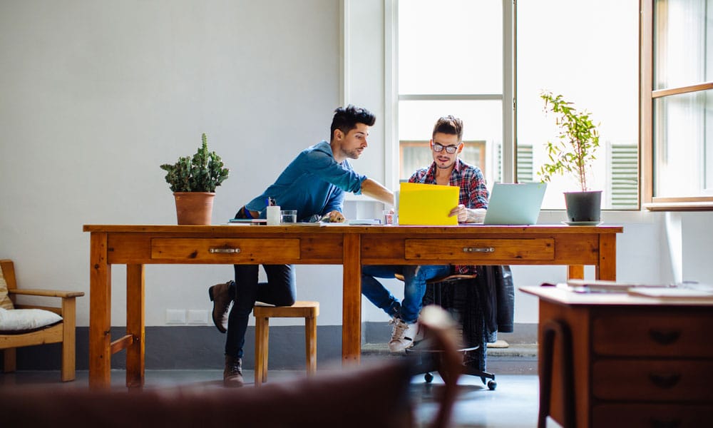 Male couple working at home together, sitting at desk, looking at documents