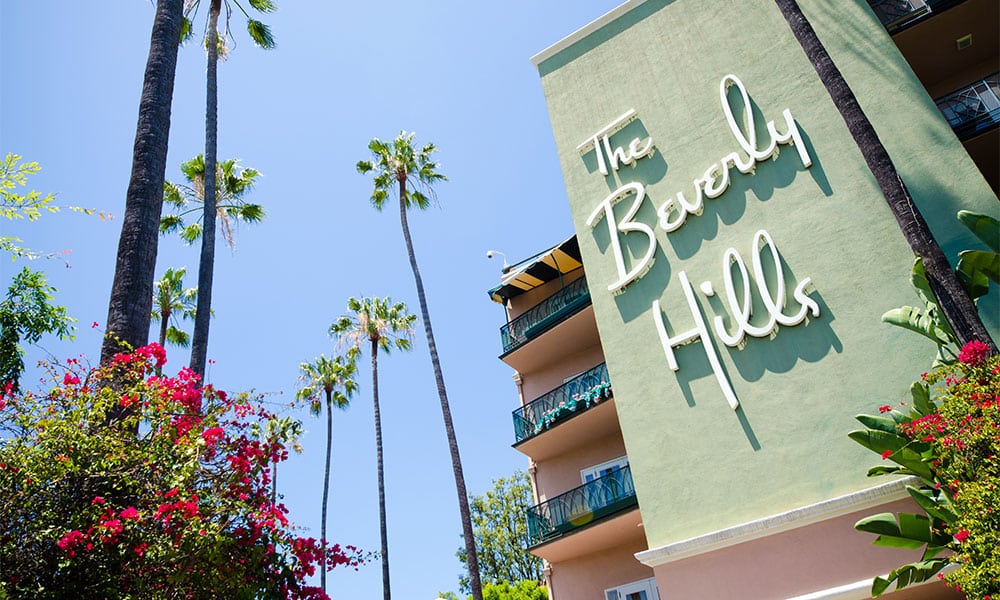 Sign at the entrance to the world-famous Beverly Hills Hotel located along Sunset Boulevard in Beverly Hills.