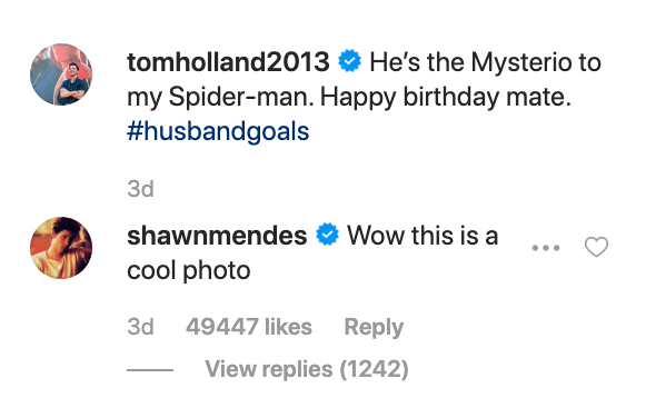 Shawn Mendes comments on Tom Hollands photos