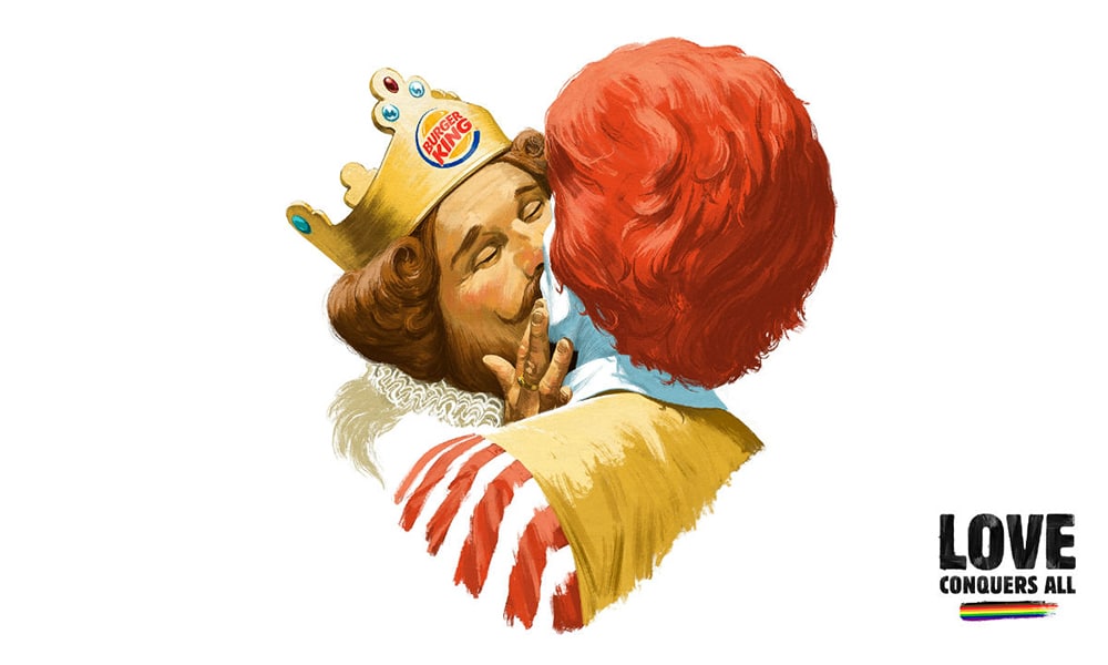 The Burger King and Ronald McDonald Kiss for Helsinki Pride