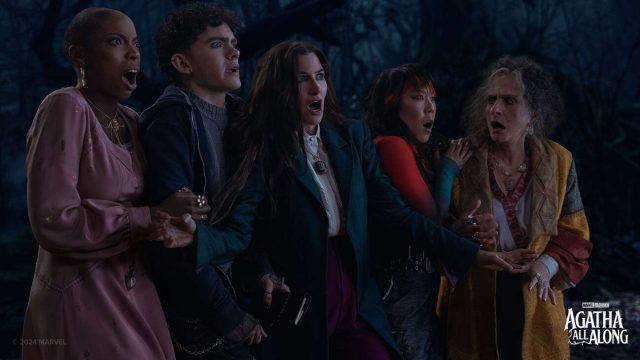 (L-R) Jennifer Kale (Sasheer Zamata), Teen (Joe Locke), Agatha Harkness (Kathryn Hahn), Alice Wu-Gulliver (Ali Ahn), and Lilia Calderu (Patti LuPone) in Marvel Television's AGATHA ALL ALONG, exclusively on Disney+. Photo by Chuck Zlotnick. © 2024 MARVEL.