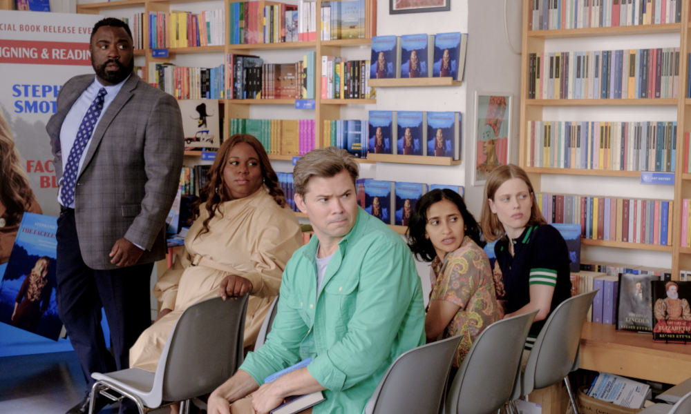 (L to R): Detective Summerville (Bashir Salahuddin), Vicky (Alex Newell), Darren (Andrew Rannells), Sona (Aparna Nancherla) and Stacey (Kelly McCormack) in ANOTHER SIMPLE FAVOR.