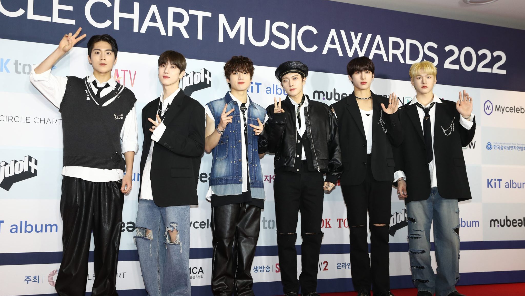 The Circle Chart Music Awards 2023 Geonu, Bain, Lim Ji-min, JM, DY and Sangwoo of Boy band JUST B attend the Circle Chart Music Awards on February 18, 2023 in Seoul, South Korea.