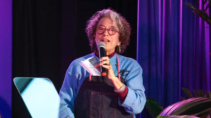 Los Angeles LGBT Center's LA Forever Celebration Susan Feniger speaks on stage during the LA Forever Celebration at Los Angeles LGBT Center on April 26, 2025 in Los Angeles, California.