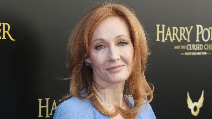 "Harry Potter And The Cursed Child" Opening Day J.K. Rowling poses at "Harry Potter and The Cursed Child parts 1 & 2" on Broadway Opening Night at The Lyric Theatre on April 22, 2018 in New York City.