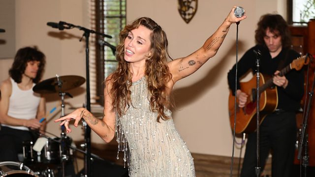 Miley Cyrus performs onstage during TikTok Presents Something Beautiful Album Release Event With Miley Cyrus at Chateau Marmont on May 27, 2025 in Los Angeles, California.