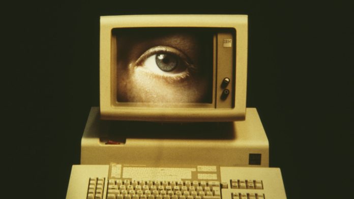A close-up of a human eye on an IBM computer monitor, 1983.