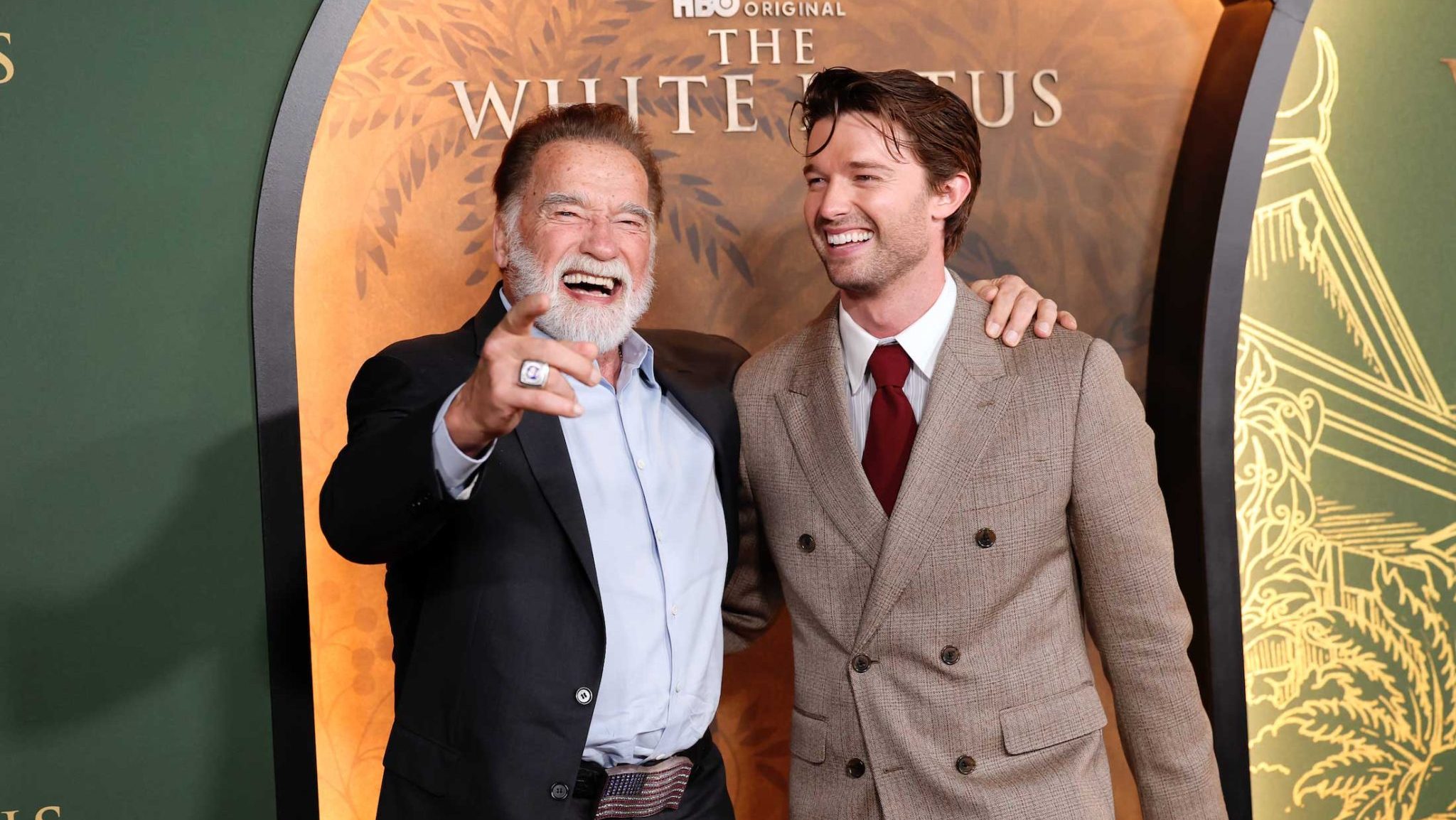 (L-R) Arnold Schwarzenegger and Patrick Schwarzenegger attend the Los Angeles Premiere of HBO Original Series "The White Lotus" Season 3 at Paramount Theatre on February 10, 2025 in Los Angeles, California.