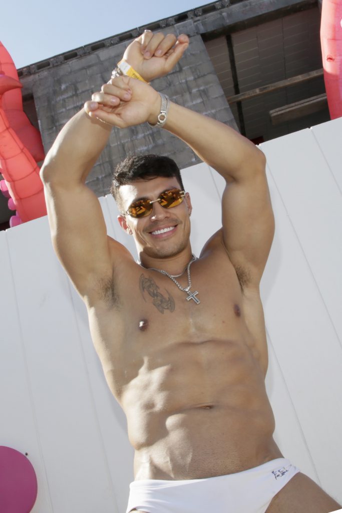 A guest at The Tryst Pool Deck as Tryst Hospitality celebrates the 50th Invasion of Fire Island Pines on July 04, 2025 in Sayville, New York.