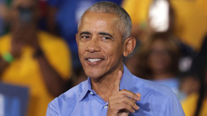 Barack Obama Former U.S. President Barack Obama speaks during a campaign event for Democratic presidential nominee, U.S. Vice President Kamala Harris, at the James R Hallford Stadium on October 24, 2024 in Clarkston, Georgia. Harris and Republican presidential nominee, former U.S. President Donald Trump, continue campaigning in battleground swing states before the November 5th election. (Photo by Alex Wong/Getty Images)