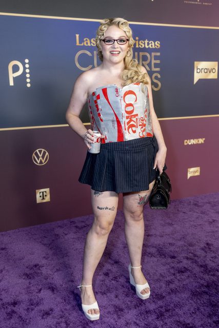 Meg Stalter arrives at the Las Culturistas Culture Awards at The Orpheum Theatre on July 17, 2025 in Los Angeles, California. 