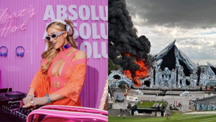 Paris Hilton throws back iconic DJ hate response at Tomorrowland while organizers scramble after a fire destroys the festival’s iconic main stage.
