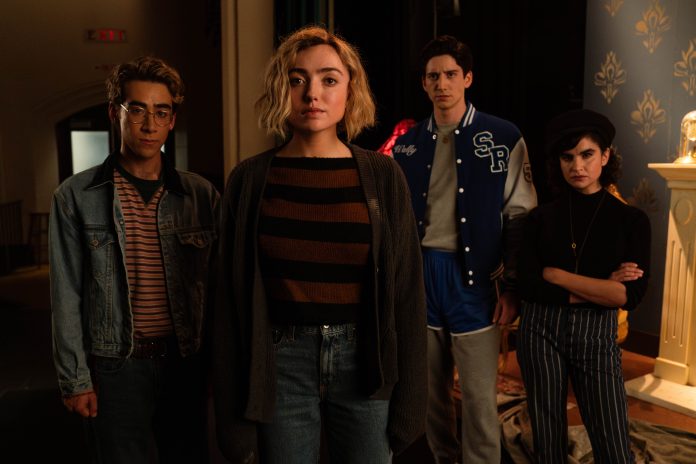 School Spirits Season 2 -R: Nick Pugliese as Charley, Peyton List as Maddie Nears, Milo Manheim as Wally Clark and Sarah Yarkin as Rhonda in School Spirits, episode 8, season 2, streaming on Paramount+, 2025. Photo Credit: Katie Yu/Paramount+.