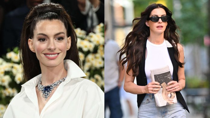 NEW YORK, NEW YORK - MAY 05: Anne Hathaway attends the 2025 Met Gala Celebrating "Superfine: Tailoring Black Style" at Metropolitan Museum of Art on May 05, 2025 in New York City. (Photo by Jamie McCarthy/Getty Images) , NEW YORK, NEW YORK - JULY 21: Anne Hathaway is seen on the set of 'The Devil Wears Prada 2' in Manhattan on July 21, 2025 in New York City. (Photo by James Devaney/GC Images)