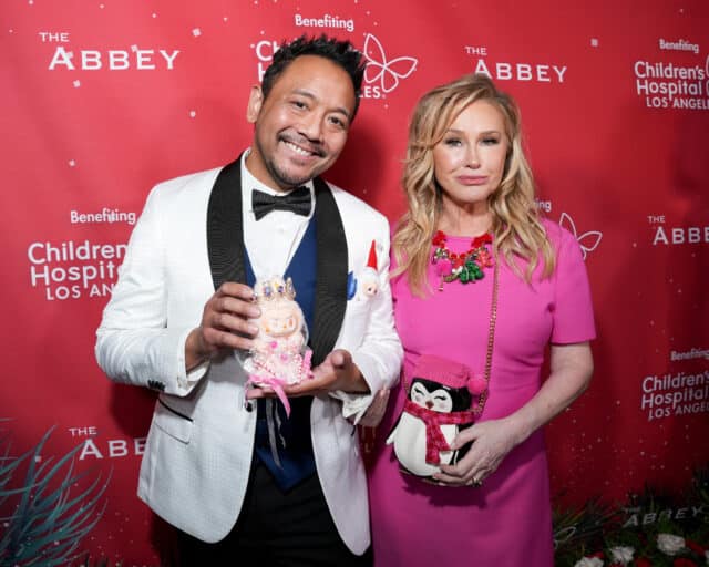 (L-R) Nick Mendoza and Kathy Hilton attend The Abbey's 20th Annual Christmas In September Benefiting Children's Hospital Los Angeles hosted by Kathy Hilton and Tristan Schukraft at The Abbey on September 25, 2025 in West Hollywood, California.