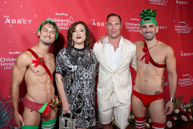 Jennifer Tilly (2nd from L) and Tristan Schukraft (2nd from R) attend The Abbey's 20th Annual Christmas In September Benefiting Children's Hospital Los Angeles hosted by Kathy Hilton and Tristan Schukraft at The Abbey on September 25, 2025 in West Hollywood, California.