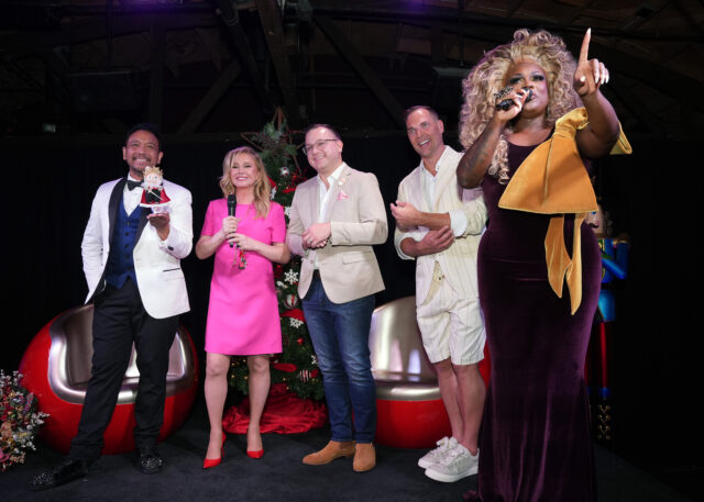 (L-R) Nick Mendoza, Kathy Hilton, Joey Millward, Tristan Schukraft and Mayhem Miller speak onstage during The Abbey's 20th Annual Christmas In September Benefiting Children's Hospital Los Angeles hosted by Kathy Hilton and Tristan Schukraft at The Abbey on September 25, 2025 in West Hollywood, California.