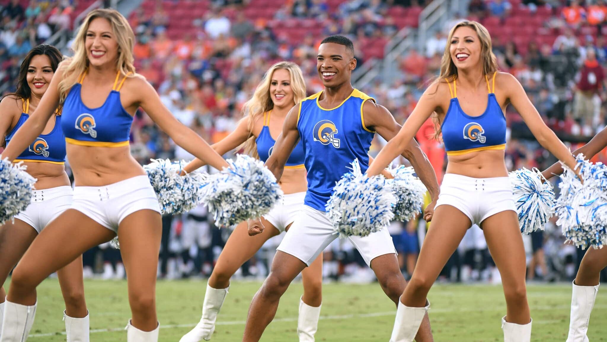 Cheerleader Napoleon Jinnies during a preseason game at Los Angeles Memorial Coliseum on August 24, 2019 in Los Angeles, California.