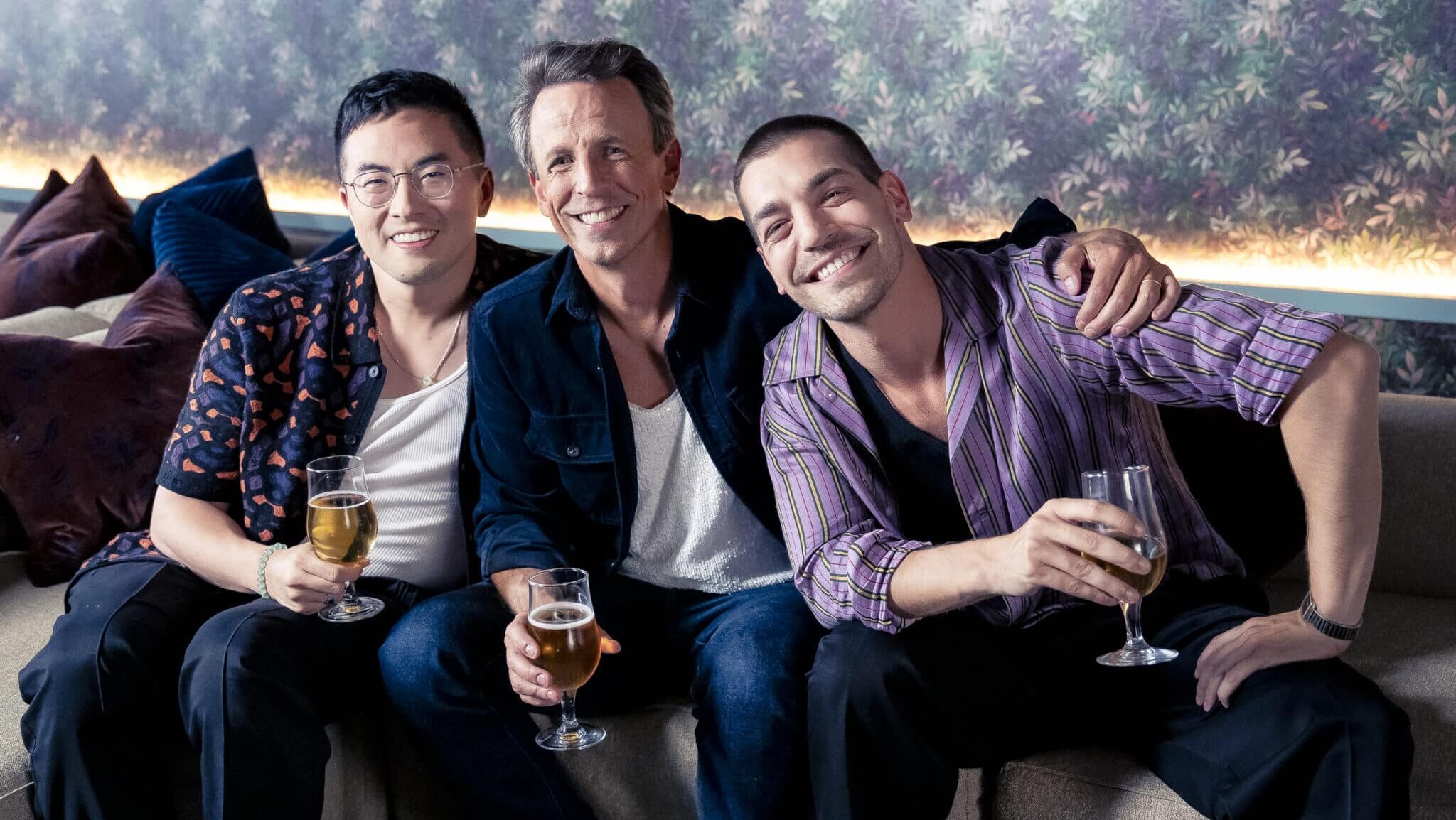 Bowen Yang, Host Seth Meyers, and Matt Rogers during "Day Drinking" on September 23, 2025