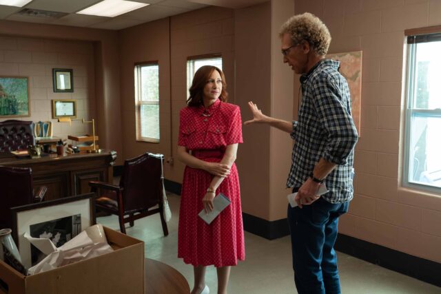 BOOTS. (L to R) Vera Farmiga as Barb Cope and Director Phil Abraham behind the scenes of Episode 108 of Boots. Cr. Alfonso "Pompo" Bresciani/Netflix © 2023