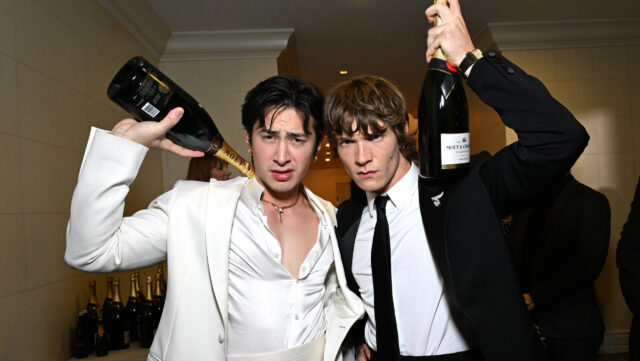 Hudson Williams and Connor Storrie attend Moët & Chandon At The 83rd Annual Golden Globe Awards on January 11, 2026 in Los Angeles, California.