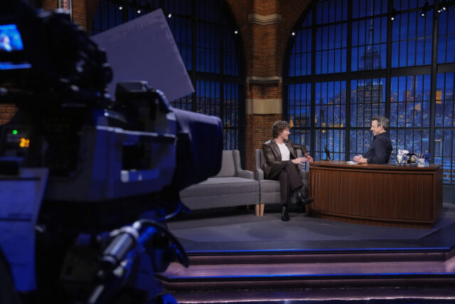 (l-r) Actor Connor Storrie during an interview with host Seth Meyers on January 12, 2026 --