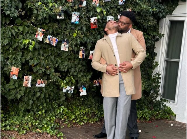 Jordan Taylor Capers (front) and Chad Capers (back) share a celebratory kiss after their engagement at a private villa at Chateau Elan in Braselton, GA. (Photo courtesy of the Capers).
