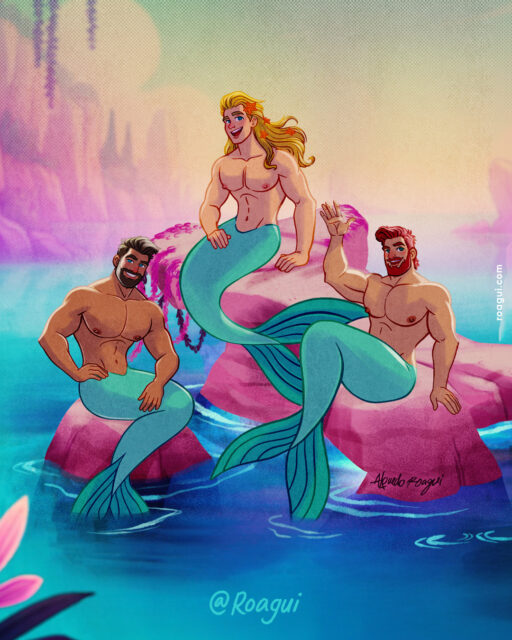 Illustrator Alfredo Roagui discusses fantasy, mermen, queer masculinity, and turning pin-up inspired muscle men into warm, romantic works of art.