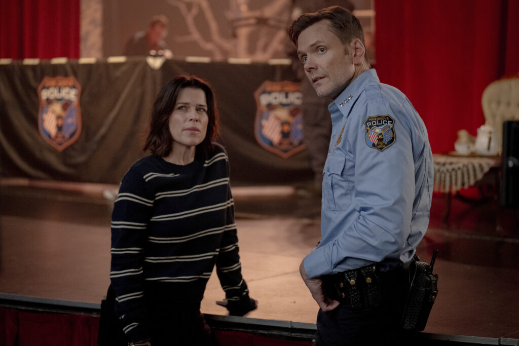 Neve Campbell, left, and Joel McHale star in Paramount Pictures and Spyglass Media Group's "Scream 7."