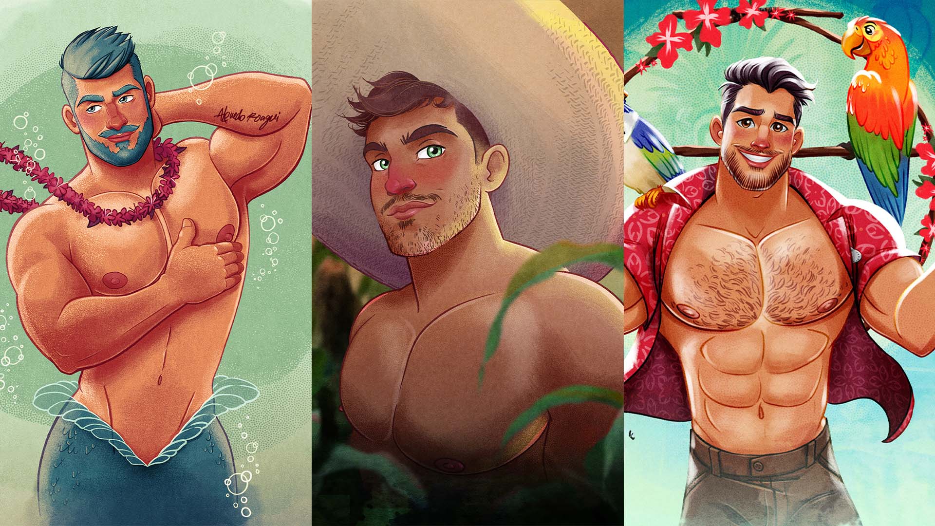 Illustrator Alfredo Roagui discusses fantasy, mermen, queer masculinity, and turning pin-up inspired muscle men into warm, romantic works of art.