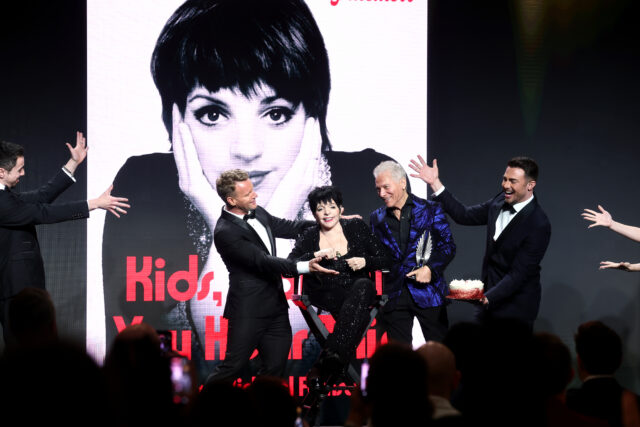 (3rd L-R) Liza Minnelli, Michael Feinstein, and host Jonathan Bennett perform onstage during the 37th Annual GLAAD Media Awards at The Beverly Hilton on March 05, 2026 in Beverly Hills, California.