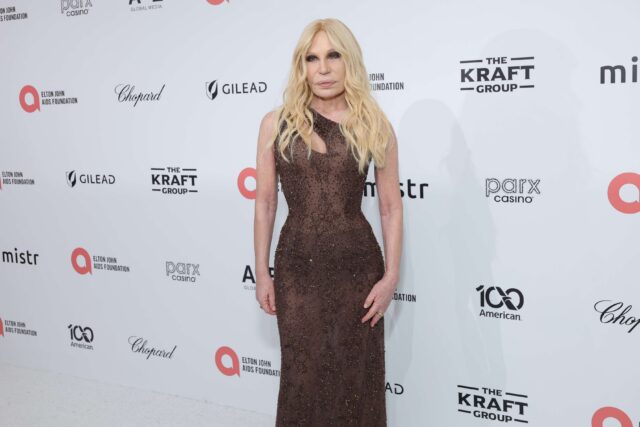Donatella Versace attends the Press Conference during Elton John AIDS Foundation's 34th Annual Academy Awards Viewing Party on March 15, 2026 in West Hollywood, California.