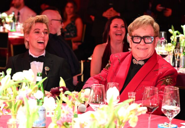 (L-R) Brandi Carlile and Elton John atten Elton John AIDS Foundation's 34th Annual Academy Awards Viewing Party on March 15, 2026 in West Hollywood, California.