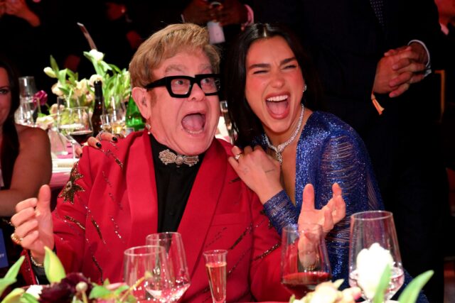(L-R) Elton John and Dua Lipa attend Elton John AIDS Foundation's 34th Annual Academy Awards Viewing Party on March 15, 2026 in West Hollywood, California.