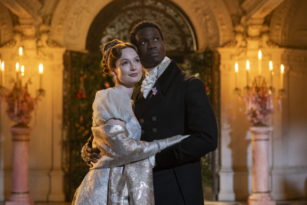 Bridgerton. (L to R) Hannah Dodd as Francesca Bridgerton, Victor Alli as John Stirling in episode 406 of Bridgerton. Cr. Liam Daniel/Netflix © 2025