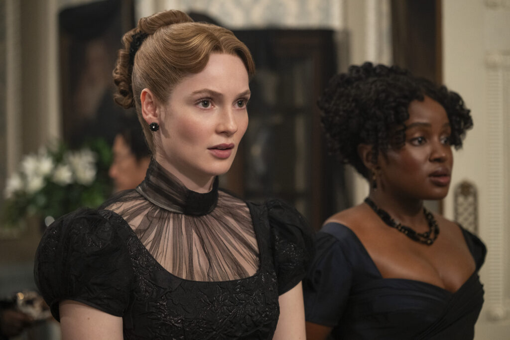 Bridgerton. (L to R) Hannah Dodd as Francesca Bridgerton, Masali Baduza as Michaela in episode 407 of Bridgerton. Cr. Liam Daniel/Netflix © 2025