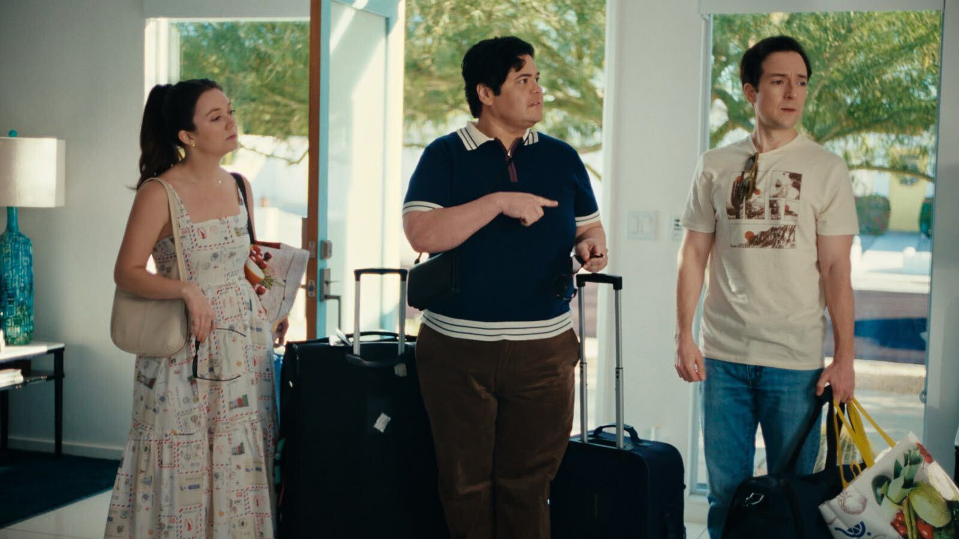 Josh Brener, Harvey Guillén, and Billie Lourd in THAT FRIEND (Photo: Straw Hut Media)