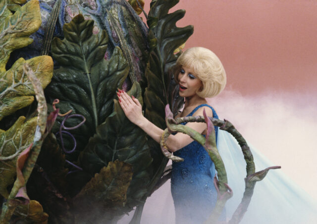 American actress Ellen Greene with the plant Audrey II of the film Little Shop of Horrors, directed by Frank Oz and released in 1986. 