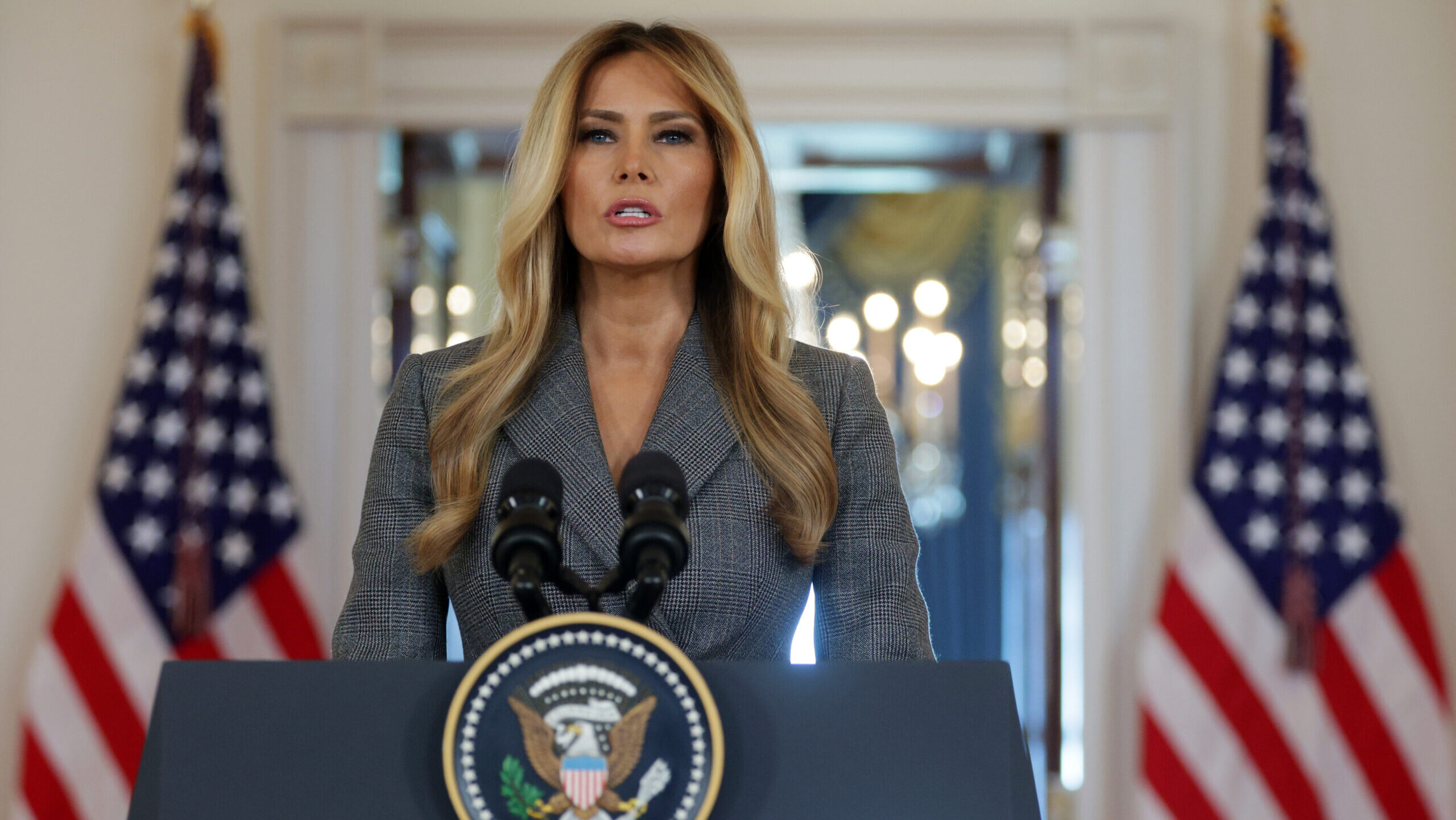 U.S. first lady Melania Trump delivers a statement in the Grand Foyer of the White House on April 9, 2026 in Washington, DC. The first lady made a public statement to deny any ties to Jeffrey Epstein.