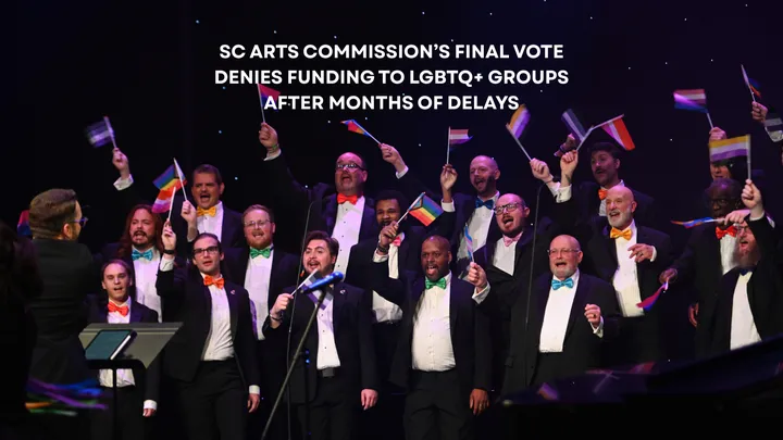 Greenville Gay Men’s Chorus members wave Pride flags in the group’s fundraising campaign image